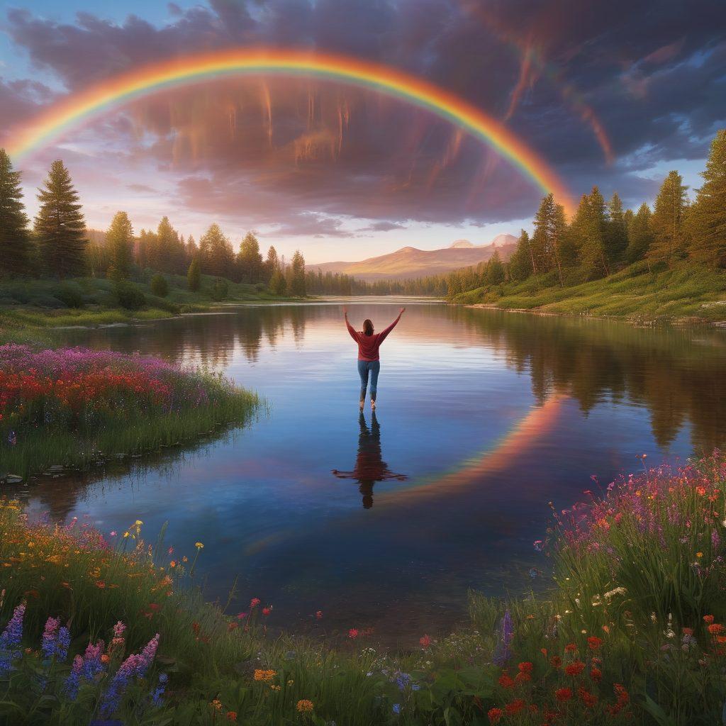 A serene sunset scene over a tranquil lake, with a person joyfully dancing on the shore, vibrant wildflowers surrounding them, and a rainbow appearing in the sky. The atmosphere conveys a sense of peace and happiness, encouraging viewers to embrace joyful moments. super-realistic. vibrant colors. 3D.