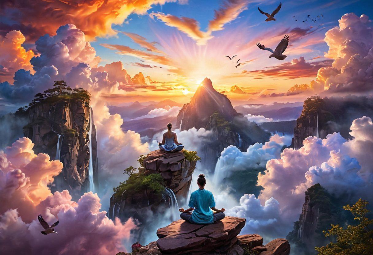 A serene landscape featuring a person meditating on a mountaintop, surrounded by vibrant sunsets and floating clouds symbolizing enlightenment. Incorporate elements like birds soaring in the sky and a gentle waterfall in the background to signify peace and happiness. A glowing key and a heart shape subtly integrated into the clouds to represent unlocking joy. soft focus. vibrant colors. serene atmosphere.