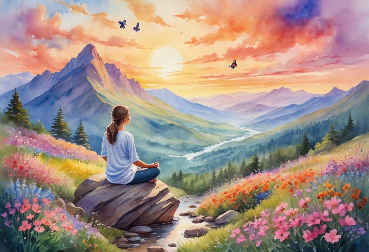 A serene landscape depicting a person meditating on a mountaintop, surrounded by vibrant flowers and a soft sunset illuminating the sky. Incorporate symbols of joy and bliss, like butterflies and gentle streams, weaving through the scene. This tranquil setting should evoke feelings of inner peace and happiness. watercolor painting. pastel colors.